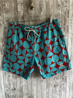 Psycho Bunny Red & Teal Geo Logo Swim Trunks Skulls Grunge AOP Drawstring Large